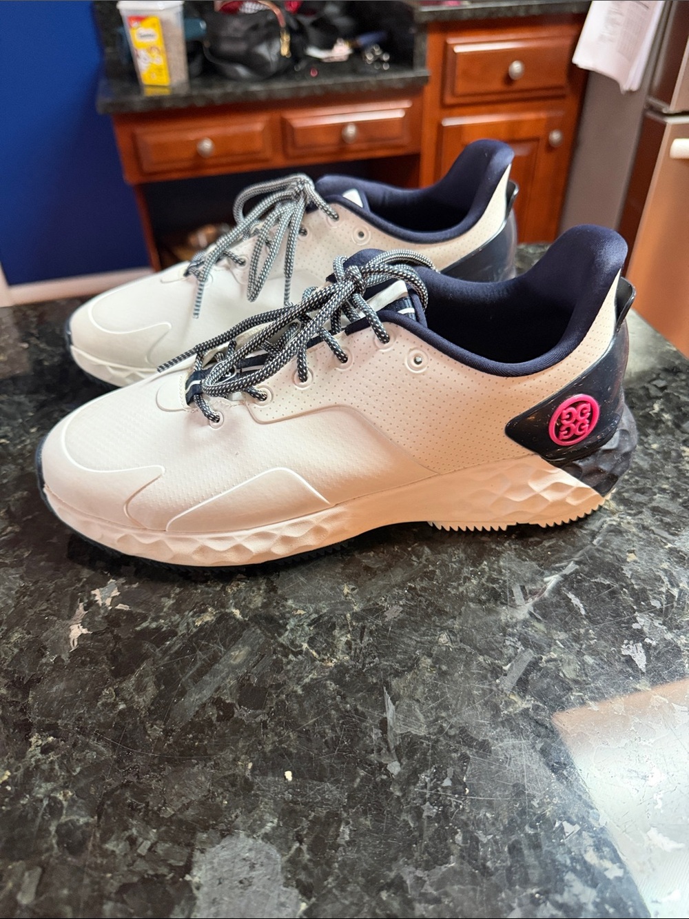 G/FORE White Athletic Golf Sneakers with Navy and Pink Accents